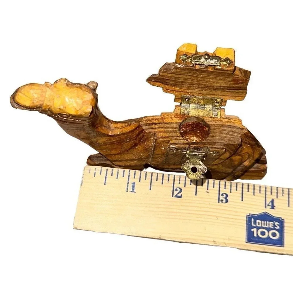Camel Figurine From Egypt hand carved olive wood trinket box vintage wooden